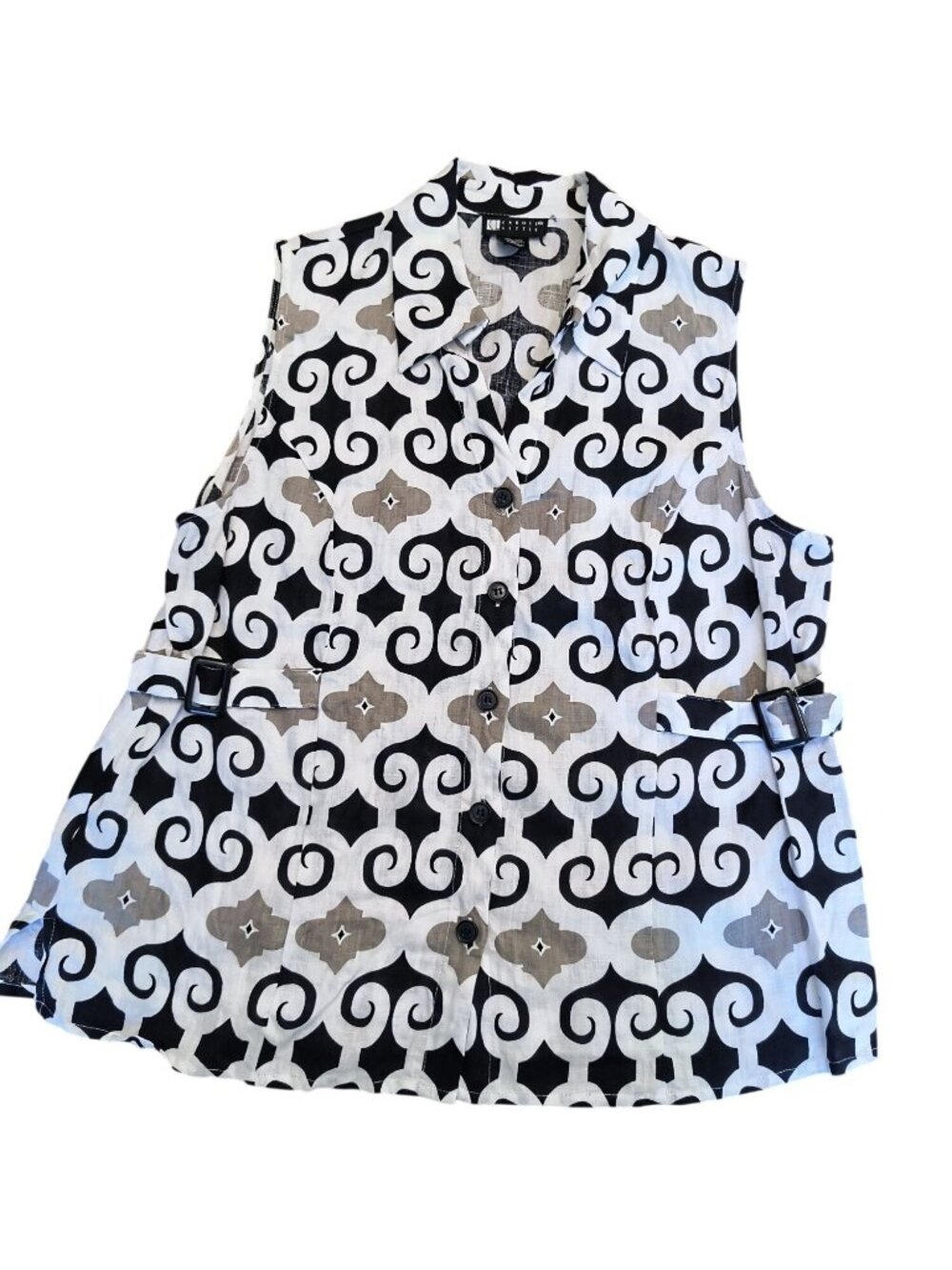 Carol Little Black & White Geometric Linen Button Down Sleeveless Shirt XL